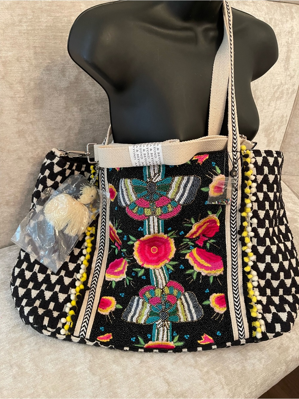 NWT America and Beyond Embroidered Black Floral Tote Bag with Accent Pom Trim - Picture 5 of 15